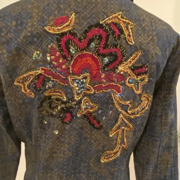 Chico’s Mottled Stretch Denim Jacket Sequin Floral - Picture 12 of 12